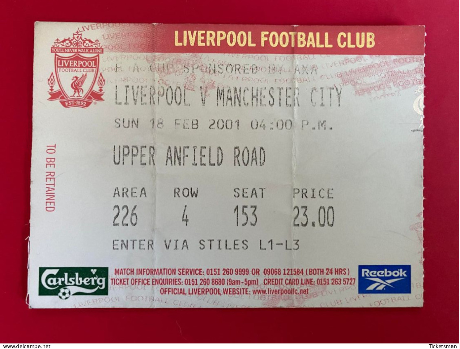 Football Ticket Billet Jegy Biglietto Eintrittskarte Liverpool FC - Manchester City 18/02/2001 - Tickets - Vouchers