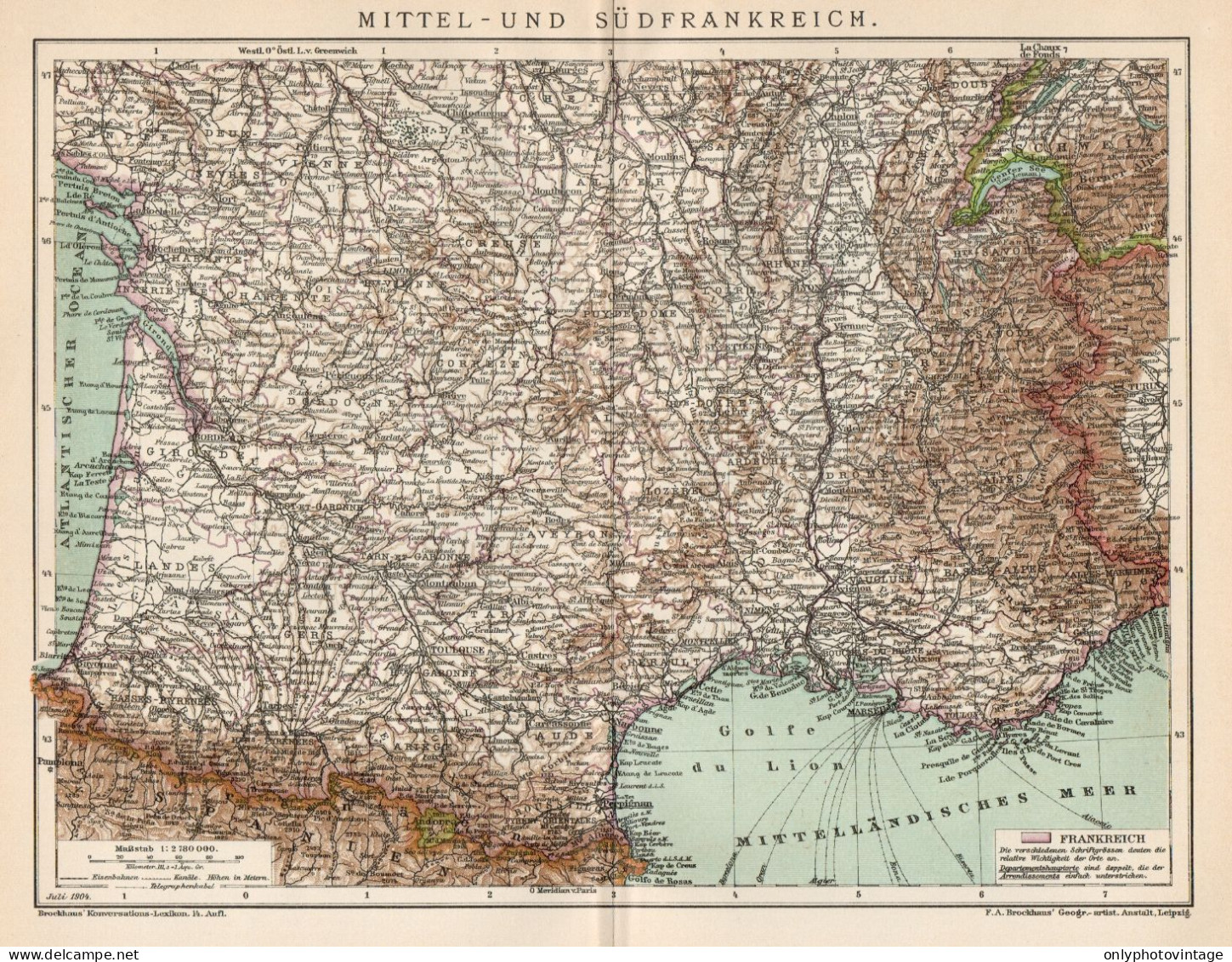 B6378 Central And Southern France - Carta Geografica Antica Del 1904 - Old Map - Carte Geographique