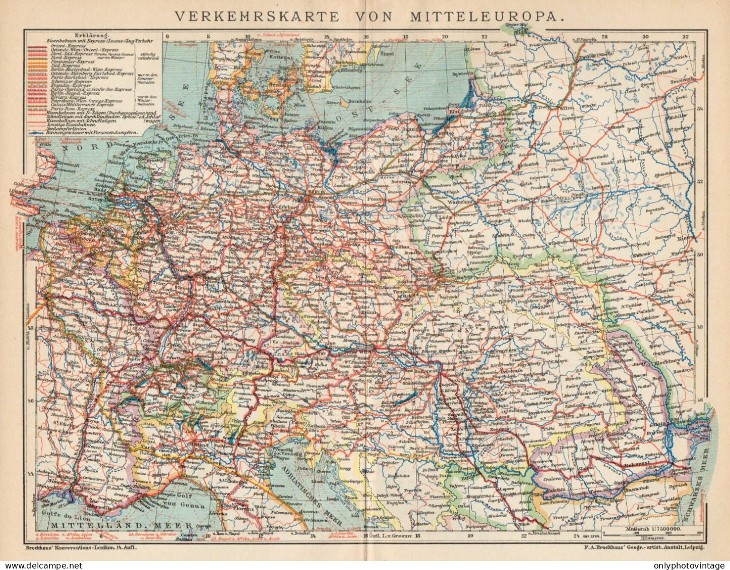 B6381 Central Europe Traffic Map - Carta Geografica Antica Del 1904 - Old Map - Geographical Maps