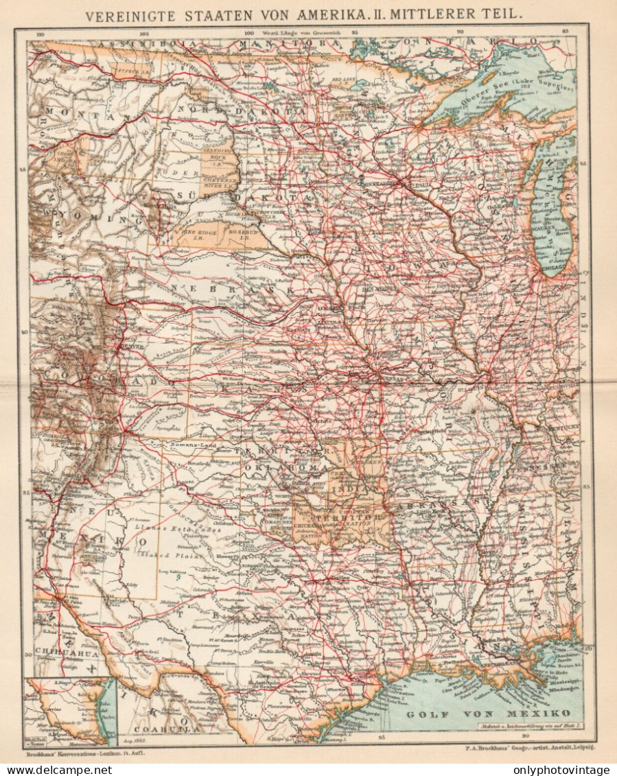 B6352 Central United States - Carta Geografica Antica Del 1903 - Old Map - Geographical Maps