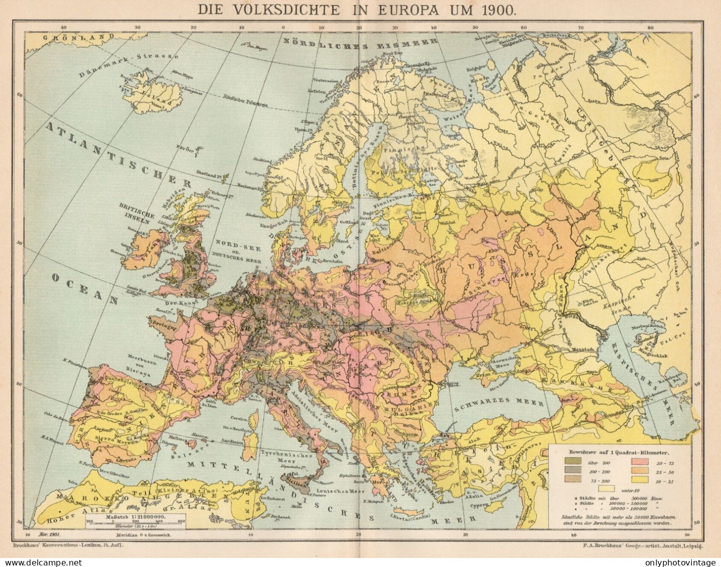 B6262 Densità Nazionale In EUROPA - Carta Geografica Antica Del 1902 - Old Map - Carte Geographique
