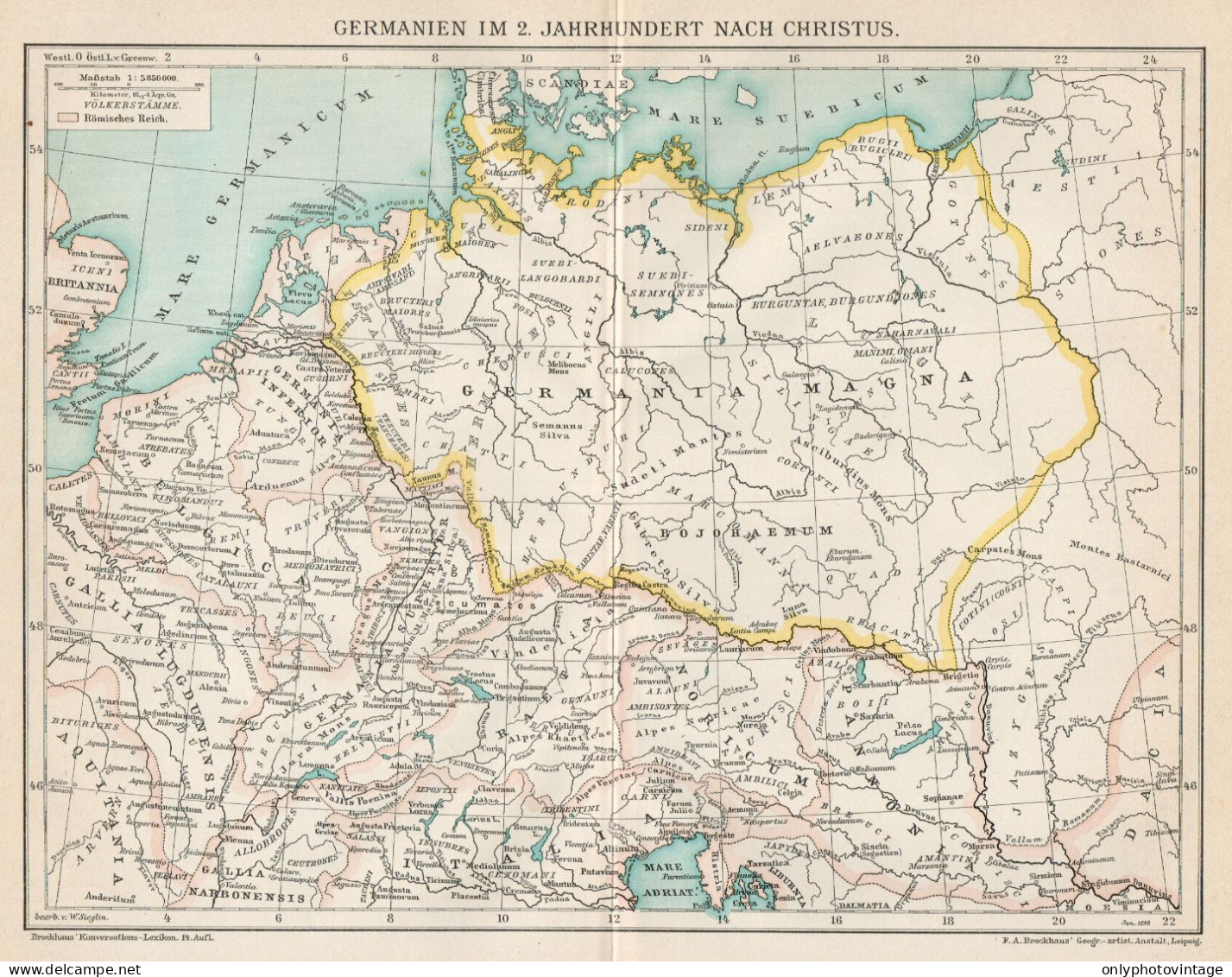 B6258 Germania Nel II Sec. Dopo Cristo - Carta Geografica Antica - 1902 Old Map - Cartes Géographiques