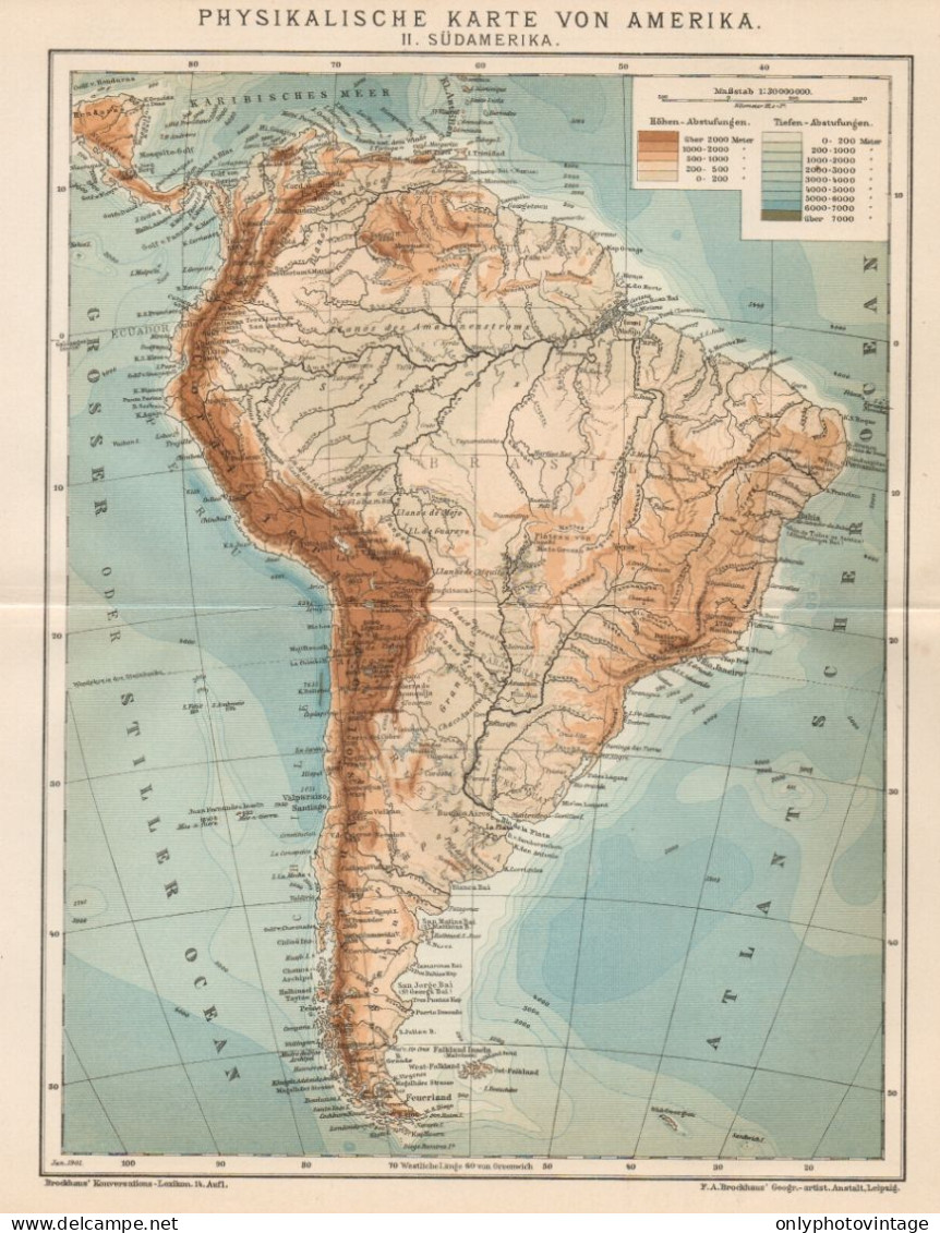 B6214 South America Physical - Carta Geografica Antica Del 1901 - Old Map - Mapas Geográficas