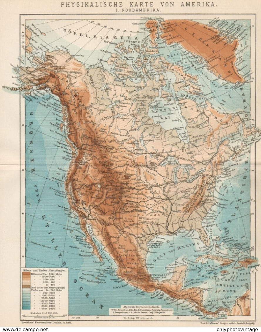 B6213 North America Physical - Carta Geografica Antica Del 1901 - Old Map - Landkarten