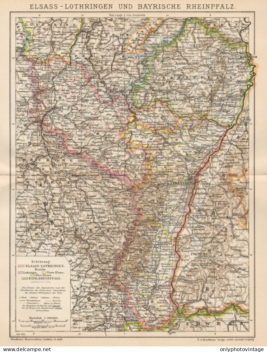 B6191 Elsass - Lothringhen - Bayrische Rheinpfalz - Carta Geografica 1901 - Map - Geographische Kaarten