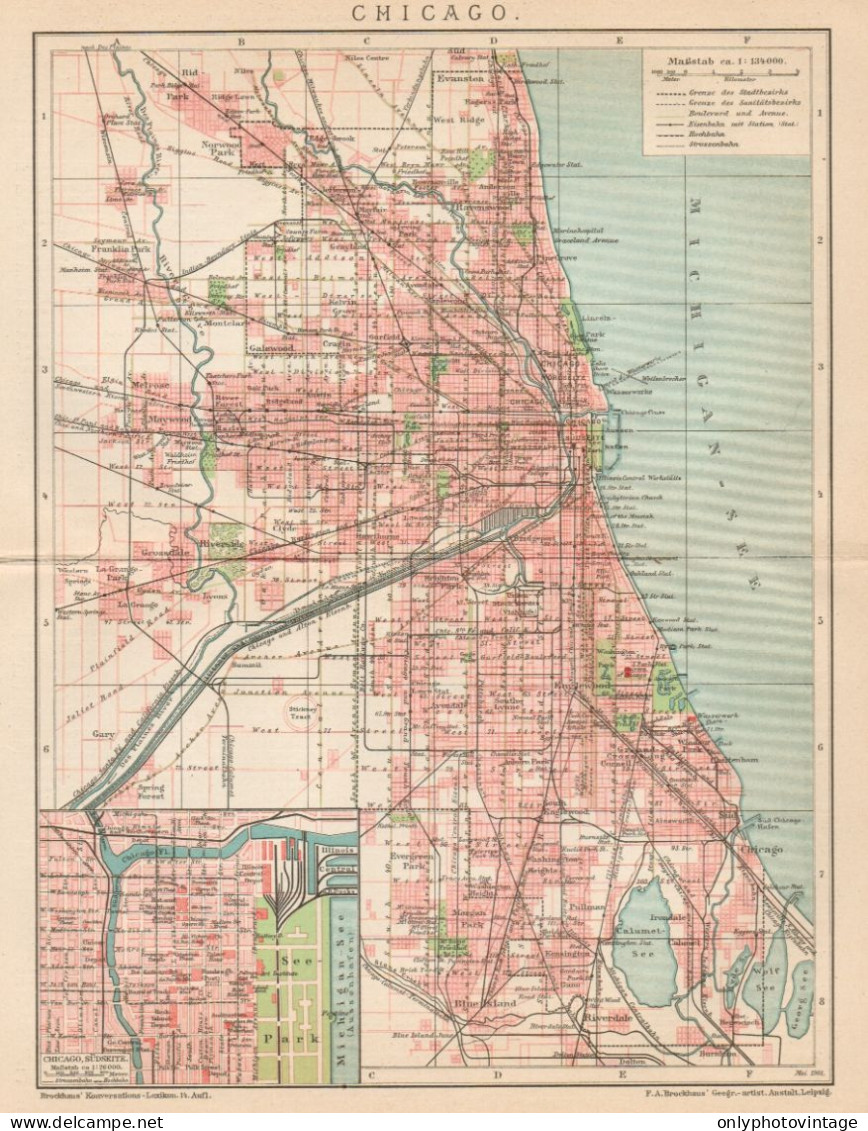 B6189 Chicago Town Plan - Carta Geografica Antica Del 1901 - Old Map - Mapas Geográficas