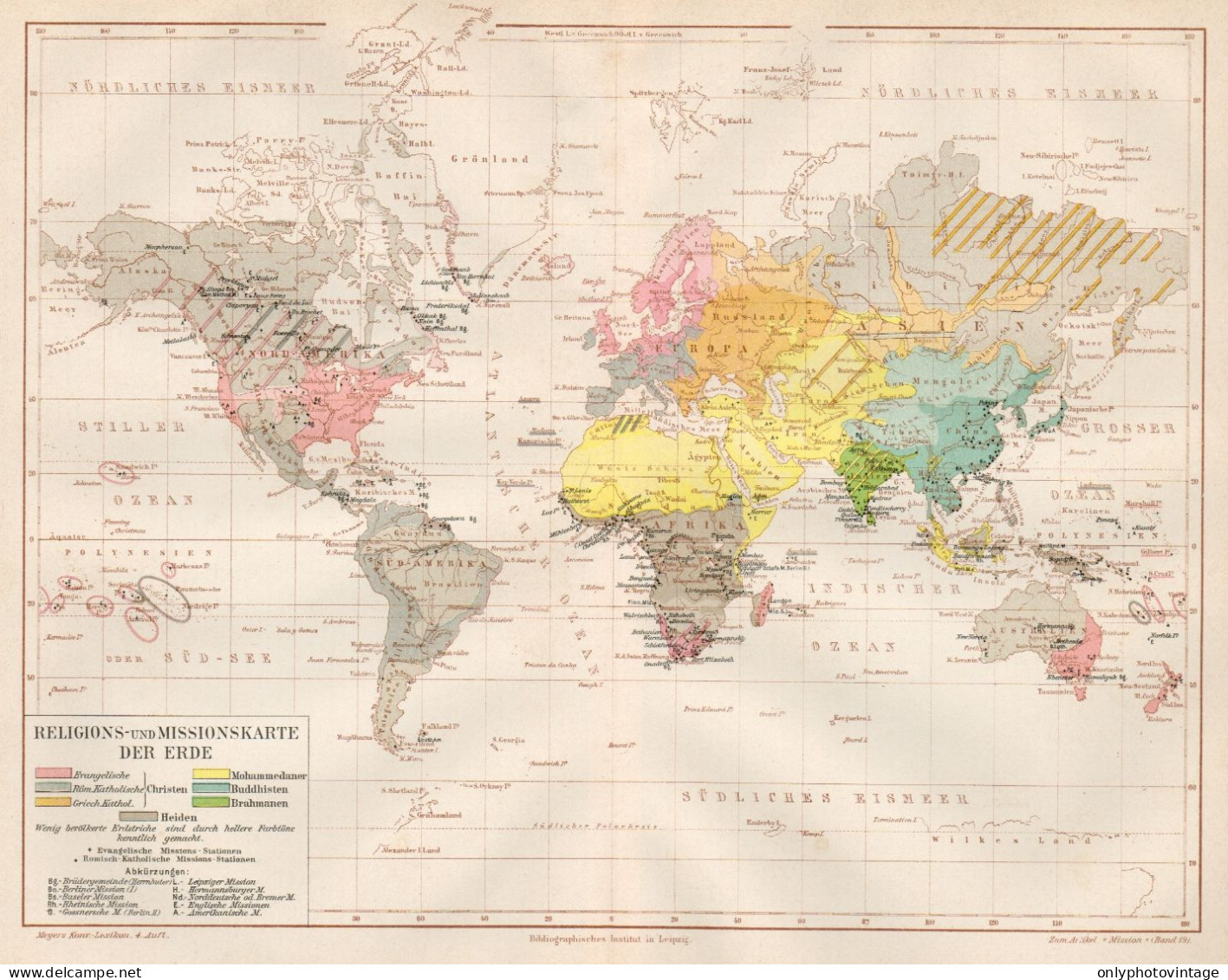 B6178 Diffusione Religioni Sulla Terra - Carta Geografica Antica 1892 - Old Map - Mapas Geográficas