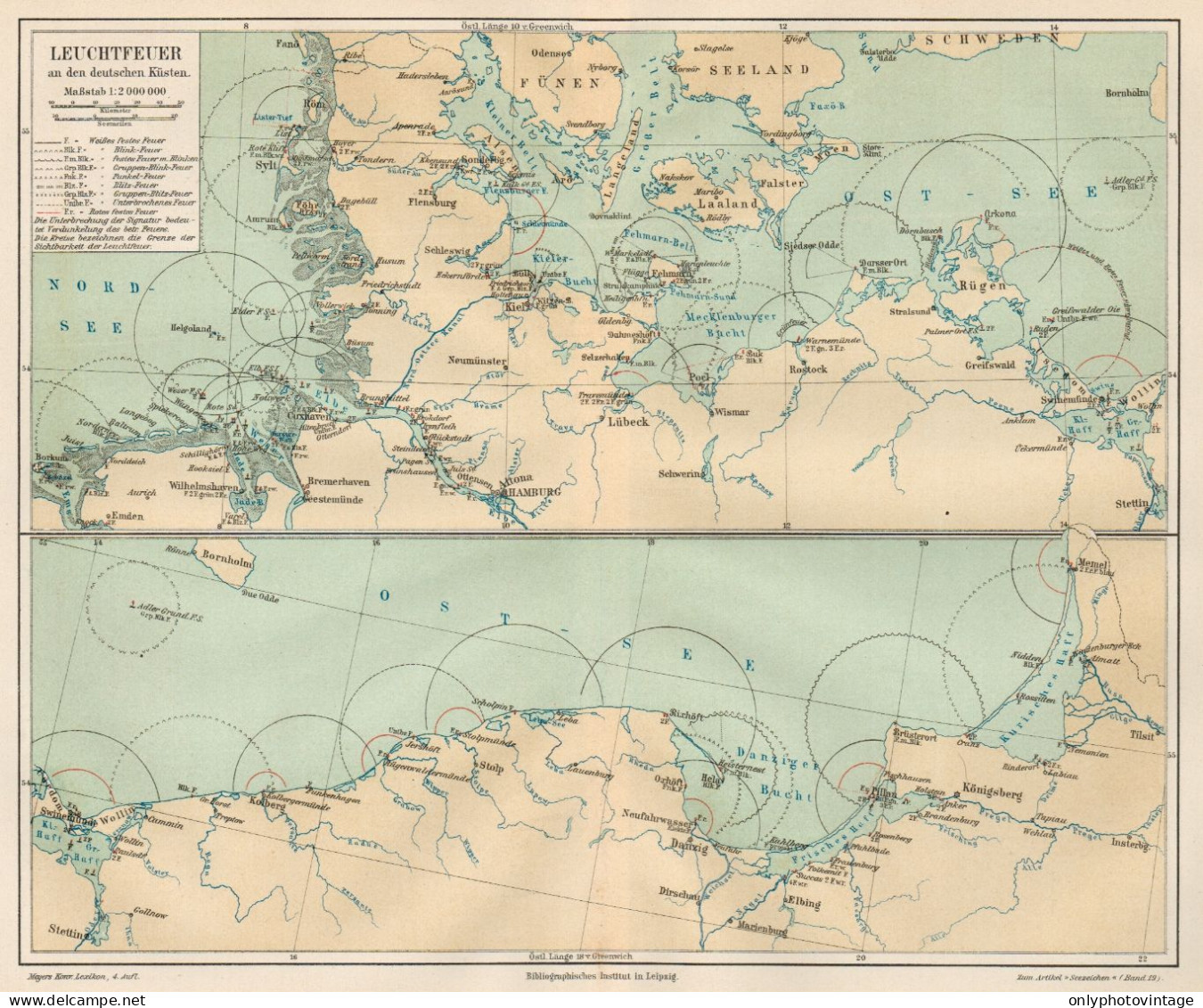 B6176 Radiofari Su Coste Germania - Carta Geografica Antica Del 1892 - Old Map - Geographische Kaarten