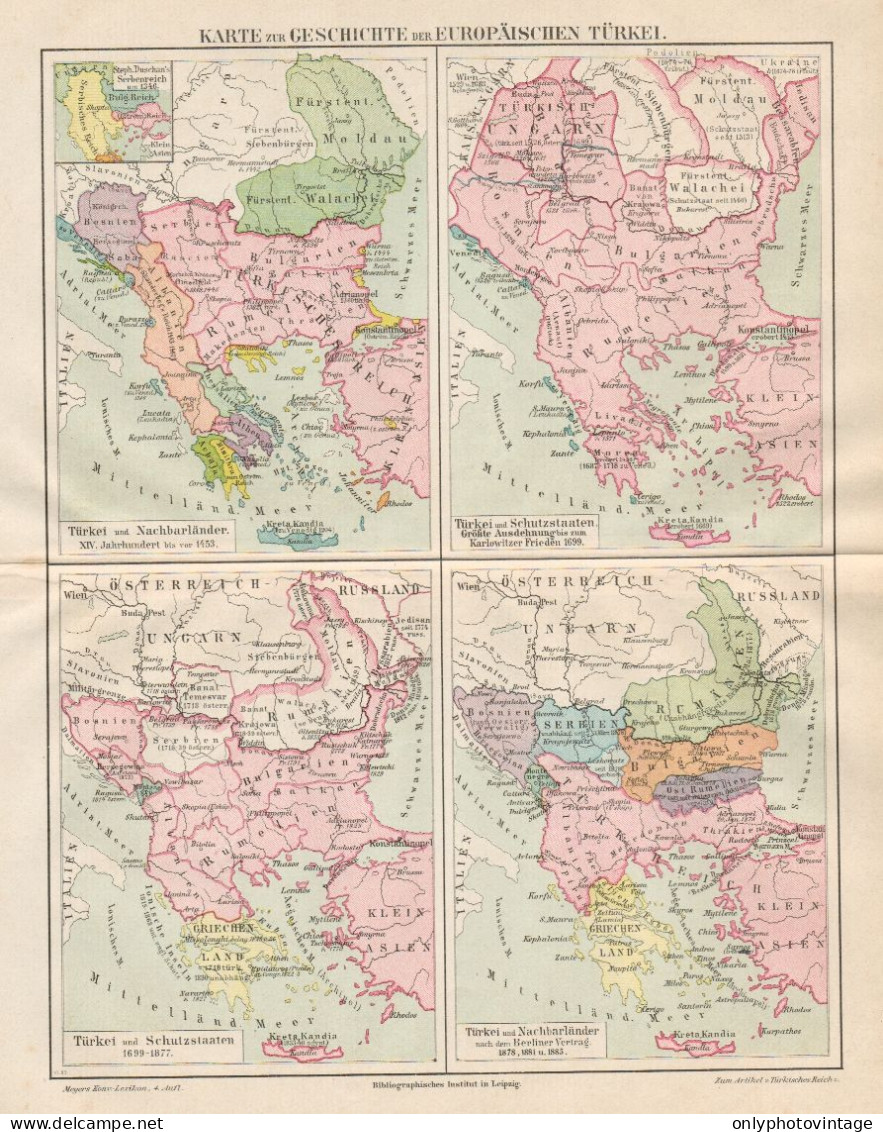 B6164 Storia Della Turchia Europea - Carta Geografica Antica Del 1890 - Old Map - Mapas Geográficas