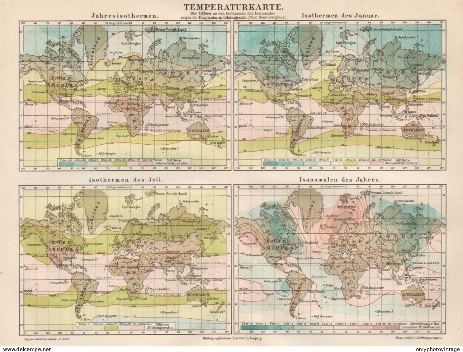 B6160 Isoterme Generali - Carta Geografica Antica Del 1890 - Old Map - Mapas Geográficas