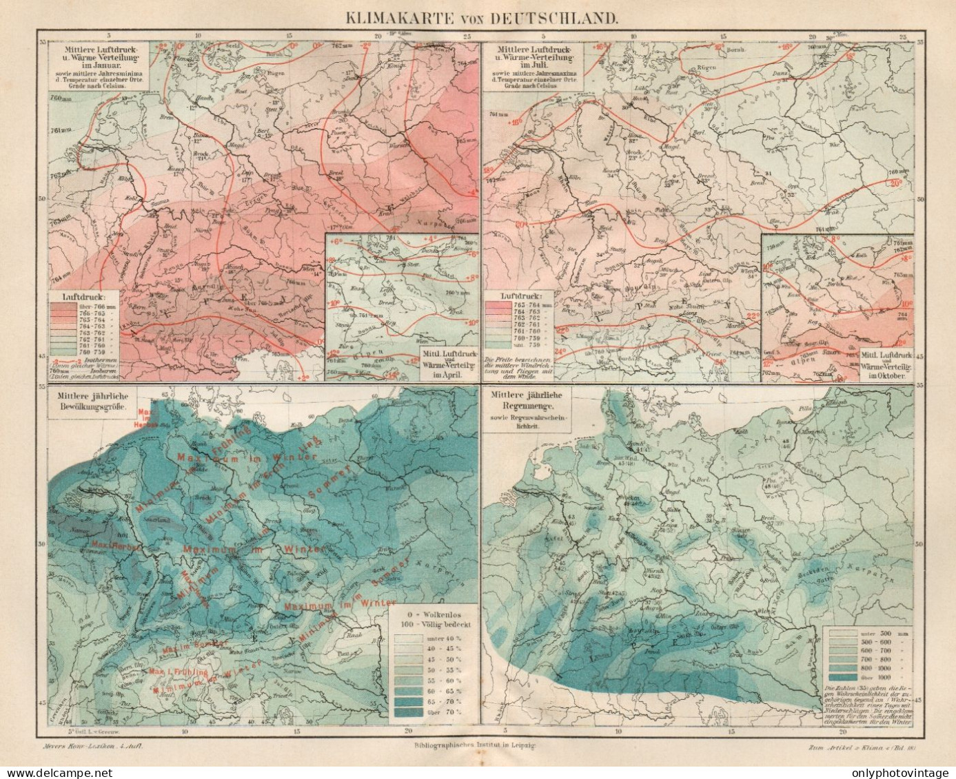 B6167 Germany - Weather - Carta Geografica Antica Del 1891 - Old Map - Geographische Kaarten