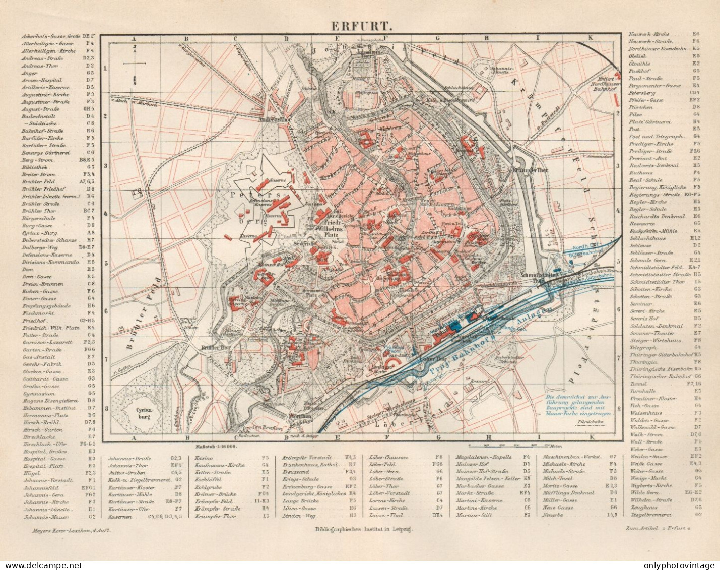 B6148 Germany - Erfurt Town Plan - Carta Geografica Antica Del 1890 - Old Map - Geographical Maps