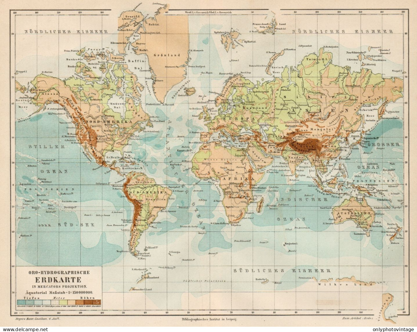 B6149 Hydrographic Earth Map - Carta Geografica Antica Del 1890 - Old Map - Cartes Géographiques