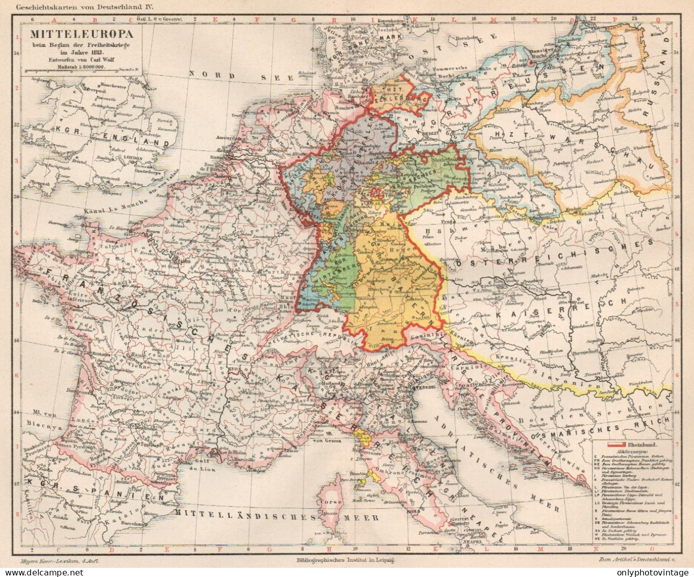 B6143 Central Europe In The Year 1813 - Carta Geografica Antica 1890 - Old Map - Mapas Geográficas