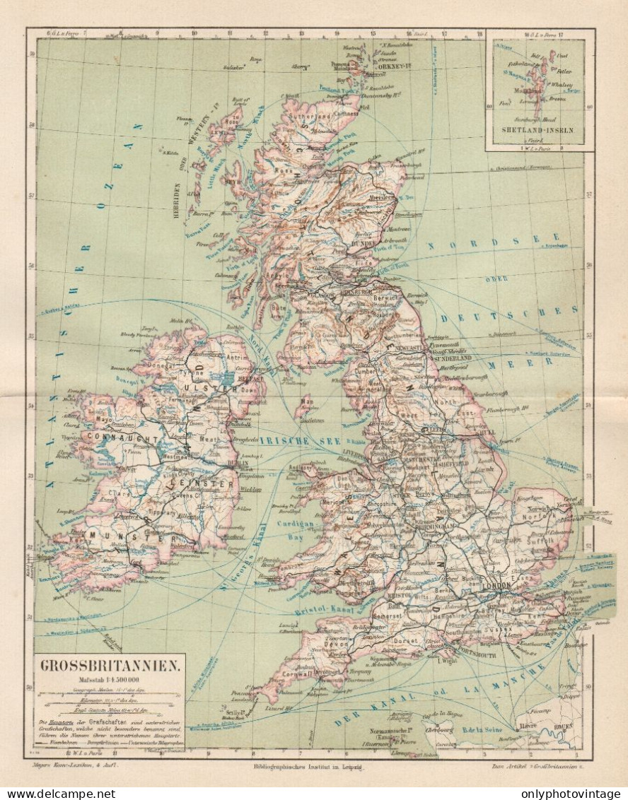 B6112 Gran Bretagna - Great Britain - Carta Geografica Antica Del 1890 - Old Map - Geographical Maps