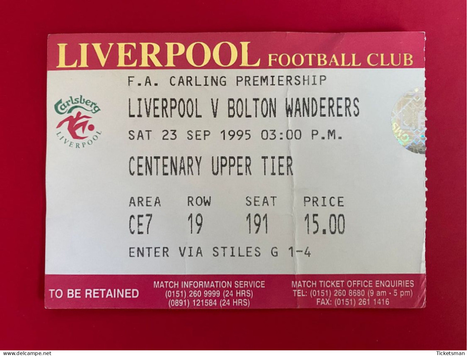 Football Ticket Billet Jegy Biglietto Eintrittskarte Liverpool FC - Bolton Wanderers 23/09/1995 - Biglietti D'ingresso