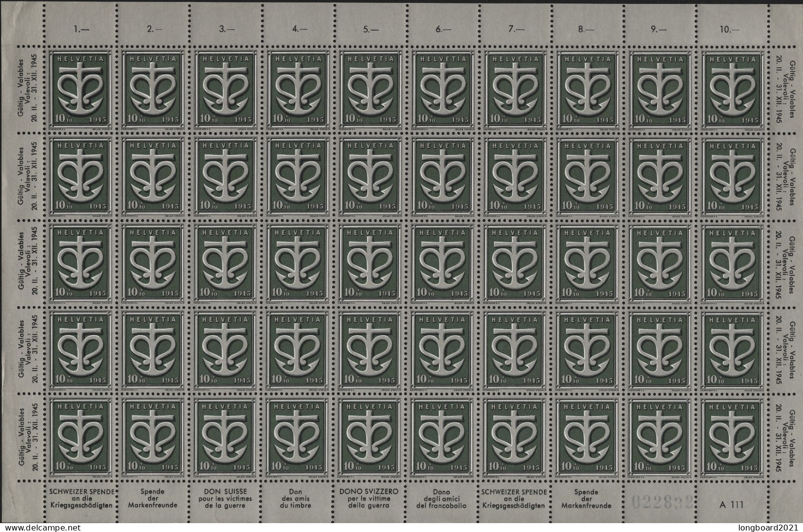 SCHWEIZ - KLEINBOGEN 10 + 10 R 1945 KRIEGSHILFSKASSE  Mi 443 / L - Blocks & Sheetlets & Panes