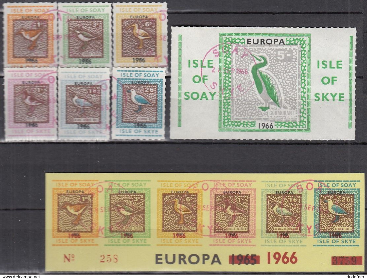 INSEL SOA, SKYE (Schottland), Nichtamtl. Briefmarken, 2 Blöcke + 6 Marken, Gestempelt, Europa 1966, Vögel - Scozia