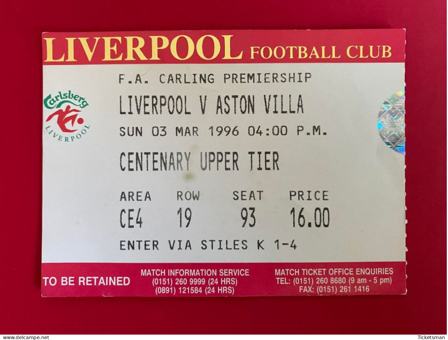 Football Ticket Billet Jegy Biglietto Eintrittskarte Liverpool FC - Aston Villa 03/03/1996 - Eintrittskarten