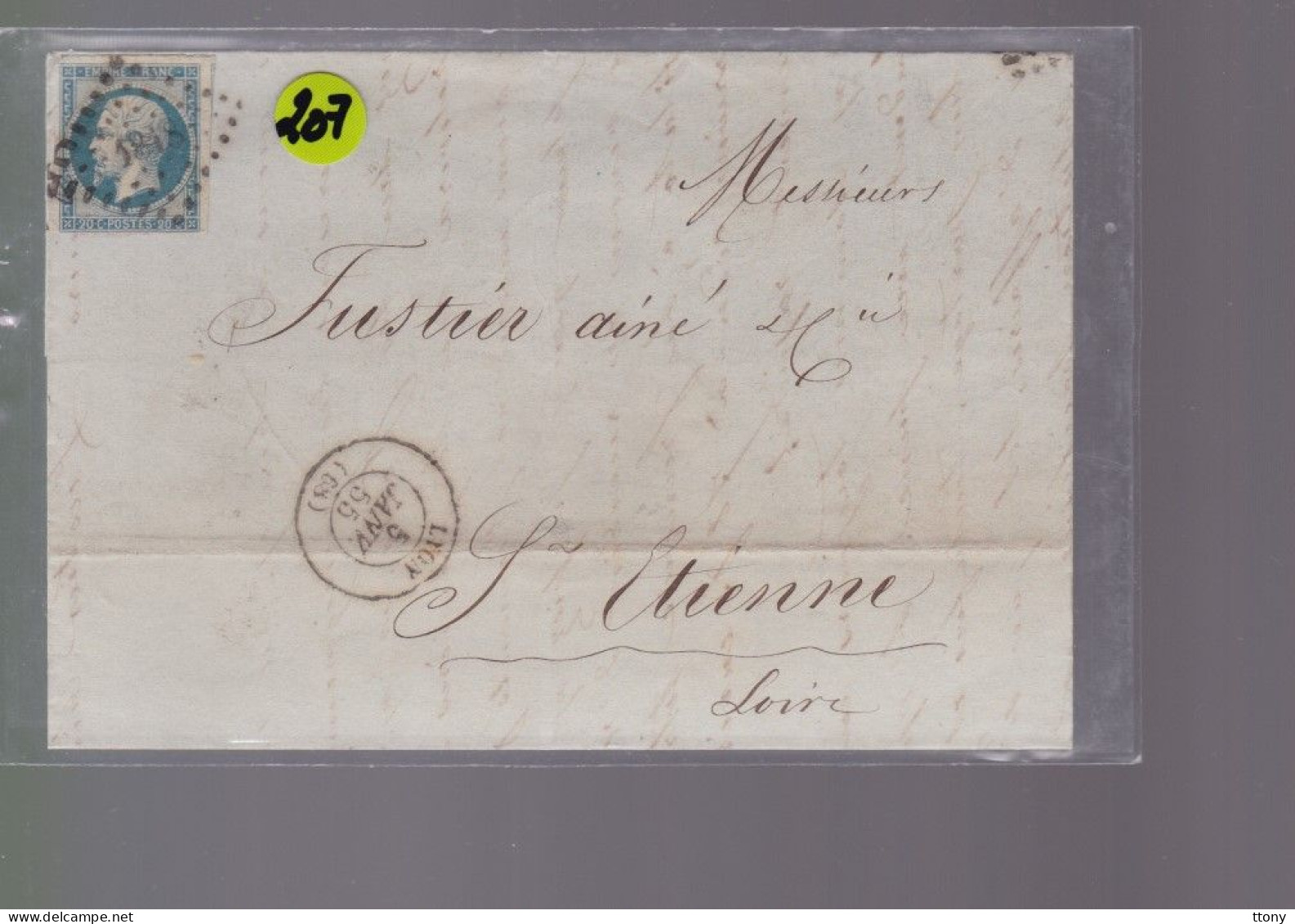 Un  Timbre  Napoléon III   N°  14     20 C Bleu   Sur  Lettre   Départ Lyon  1855 Destination St- Etienne - 1849-1876: Période Classique