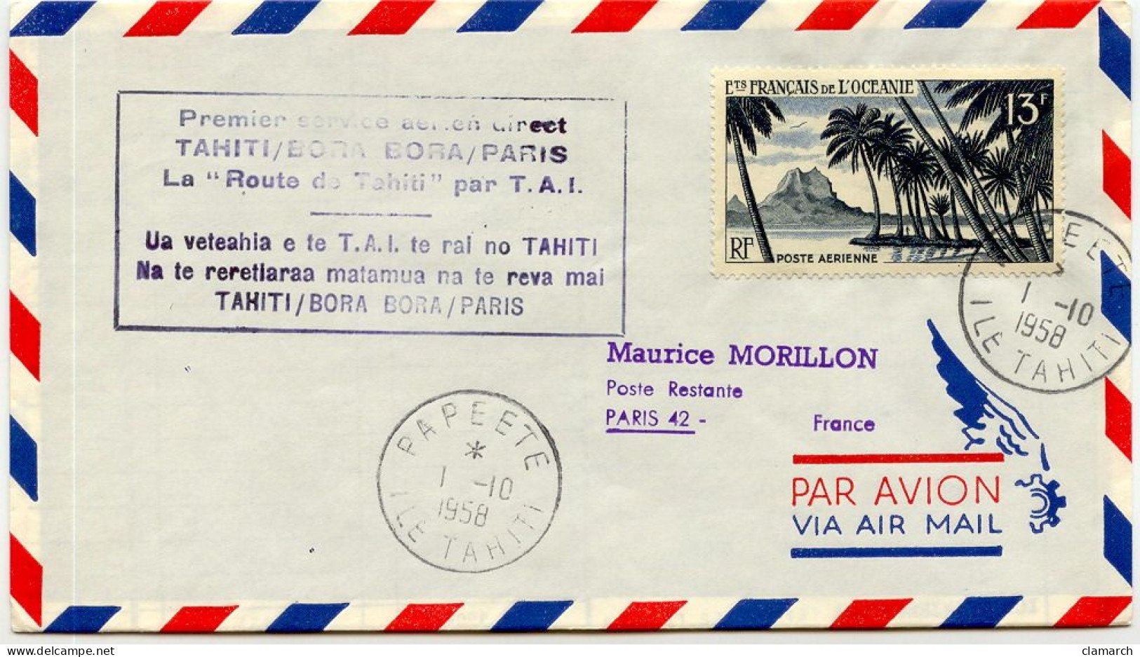 Aérophilatélie-Premier Service Aérien Direct TAHITI/BORA BORA/PARIS La Route De Tahiti Par T.A.I.-cachet De Papeete Du 1 - Primi Voli