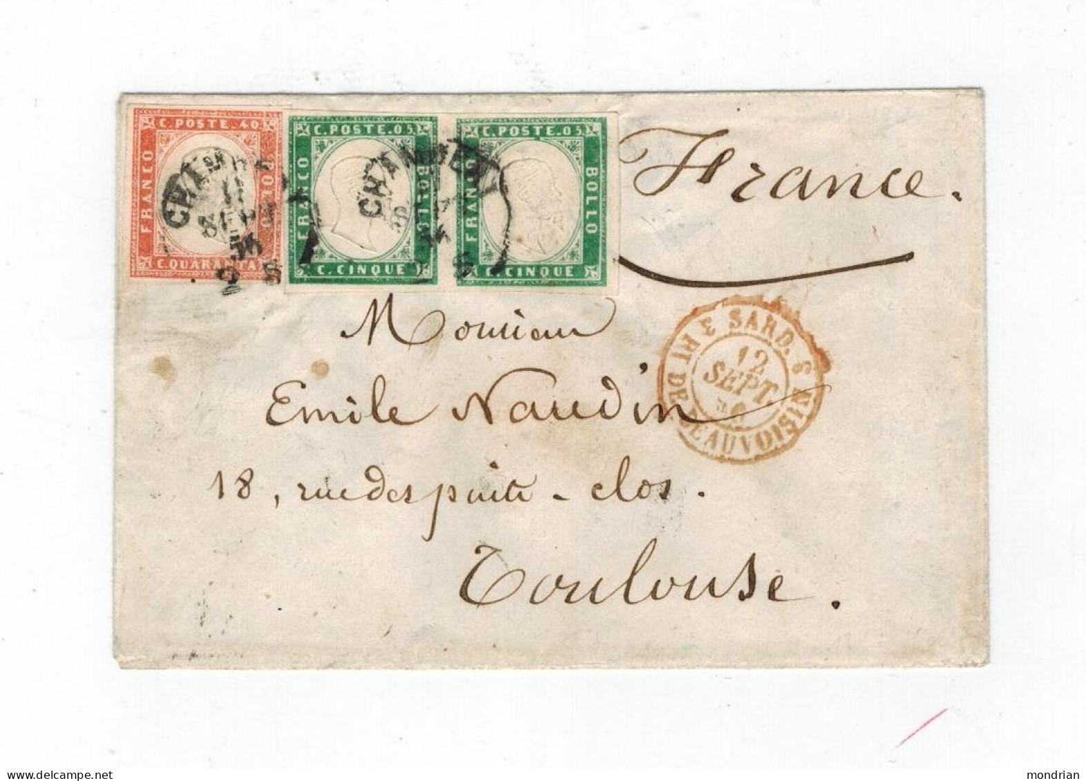 LETTRE DUCHE DE SAVOIE SEPTEMBRE 1856 PAIRE 5C + 40C SARDE CHAMBERY POUR TOULOUSE TTB MARGES CERT. DIENA SARDAIGNE - 1849-1876: Periodo Classico