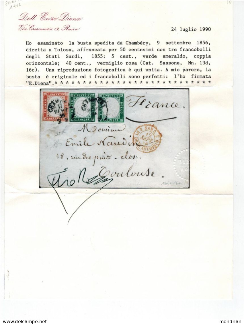 LETTRE DUCHE DE SAVOIE SEPTEMBRE 1856 PAIRE 5C + 40C SARDE CHAMBERY POUR TOULOUSE TTB MARGES CERT. DIENA SARDAIGNE - 1849-1876: Periodo Clásico