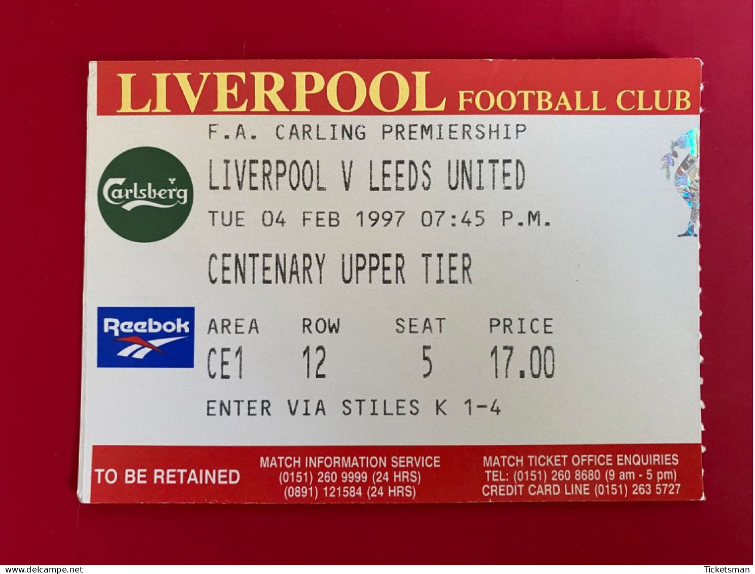 Football Ticket Billet Jegy Biglietto Eintrittskarte Liverpool FC - Leeds United 04/02/1997 - Tickets - Entradas