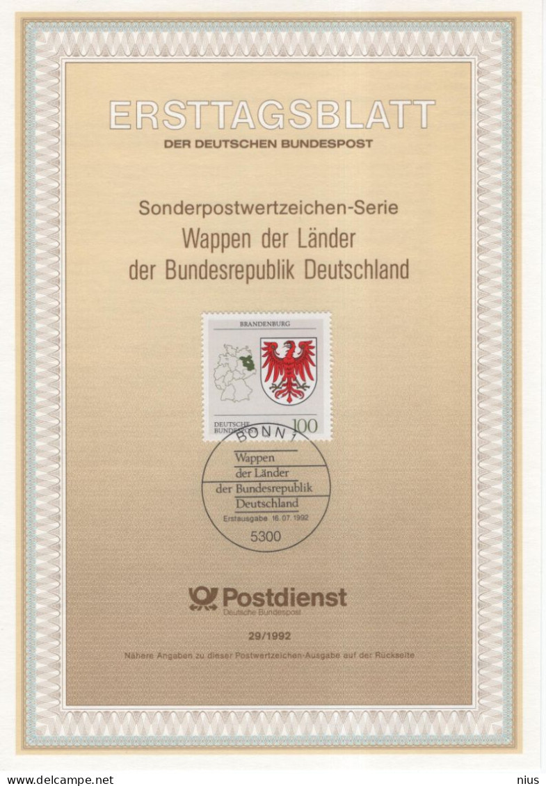 Germany Deutschland 1992-29 Wappen Der Lander, Brandenburg, Canceled In Bonn - 1991-2000