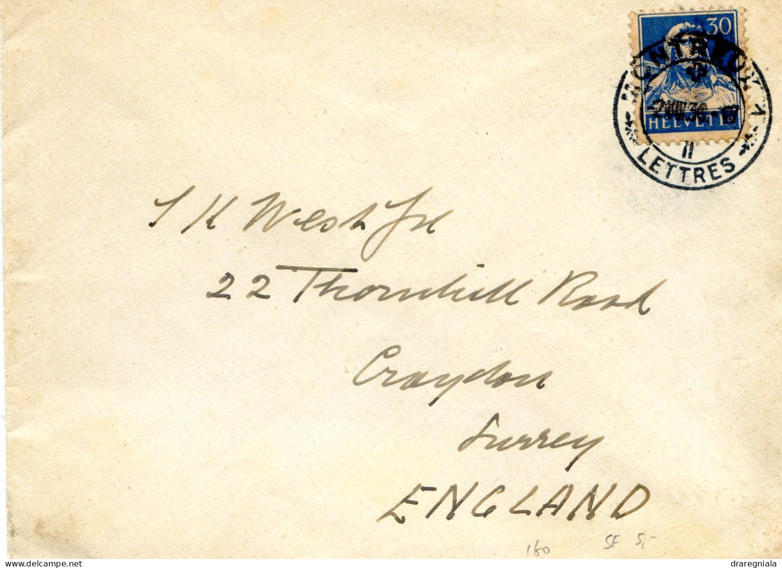 Mail Von Montreux 2 8 1930 - Tellbrustbild 160 - Grand Hotel Monney - Postmark Collection