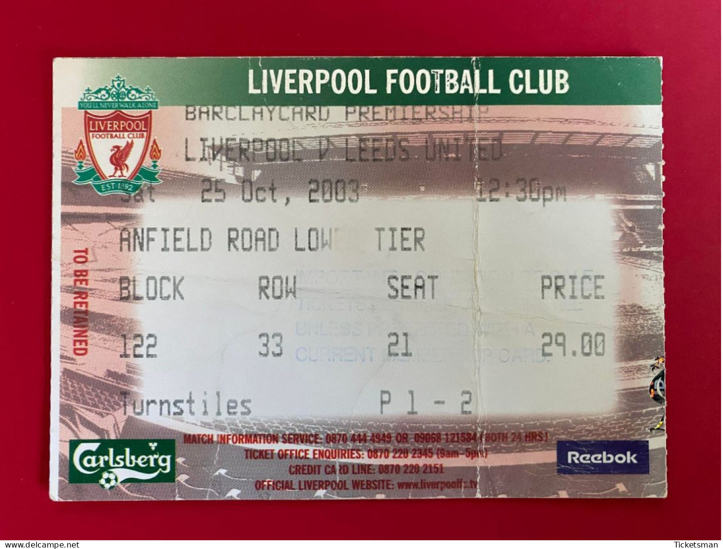 Football Ticket Billet Jegy Biglietto Eintrittskarte Liverpool FC - Leeds United 25/10/2003 - Tickets D'entrée