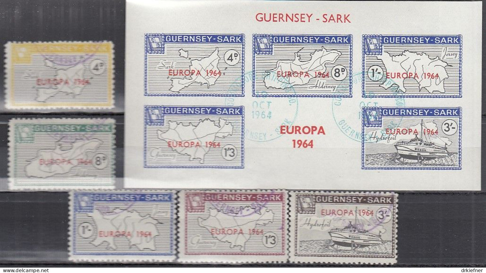 INSEL SARK (Guernsey), Nichtamtl. Briefmarken, 1 Block + 5 Marken, Gestempelt, Europa 1964, Tragflächenboot - Guernesey