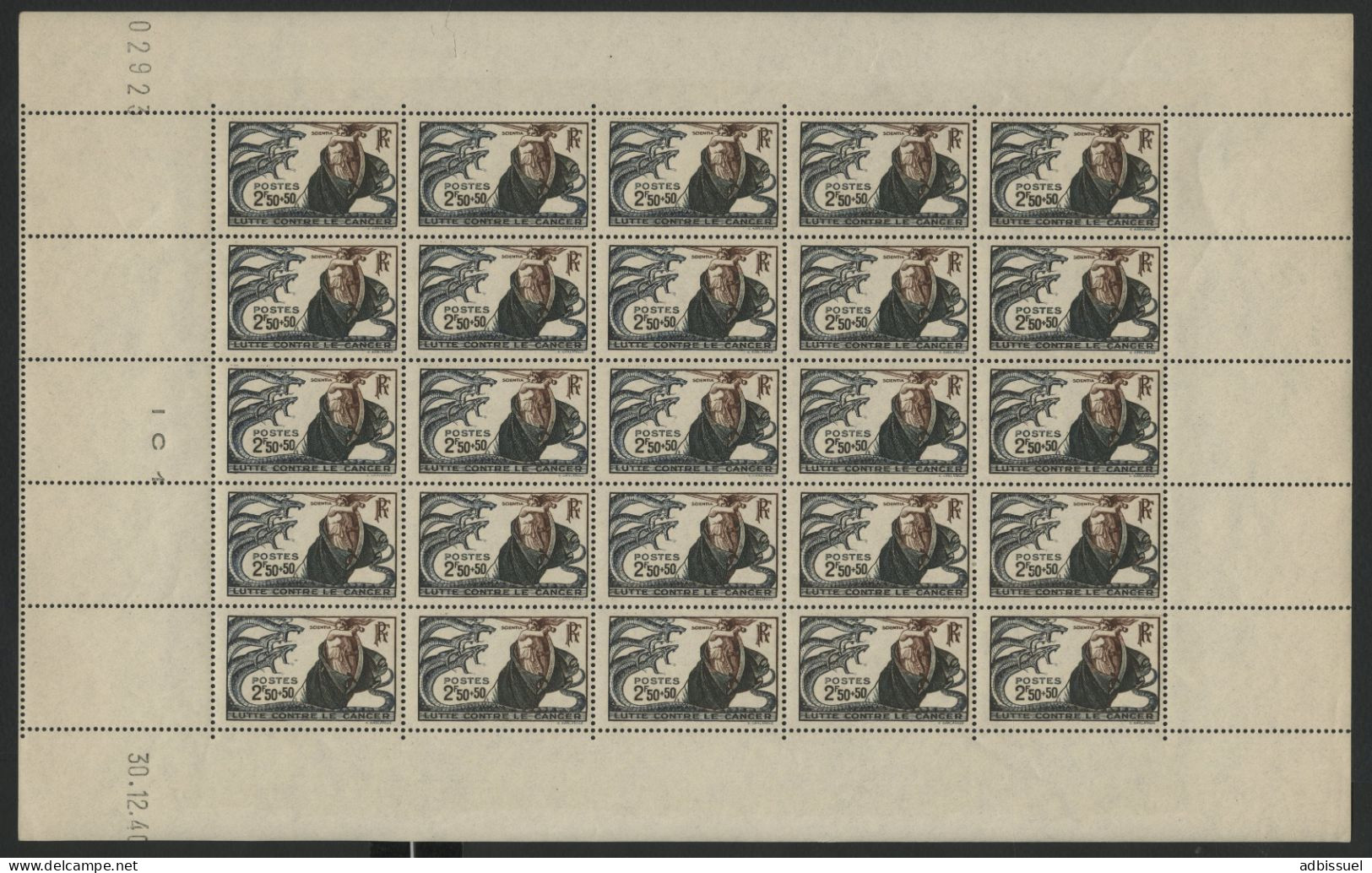 N° 496 2,50 Fr + 50 C CANCER Feuille Complète De 25 Ex. Neufs ** MNH + Coin Daté 2/1/41 Cote Totale 59,20 € Voir Suite - Full Sheets