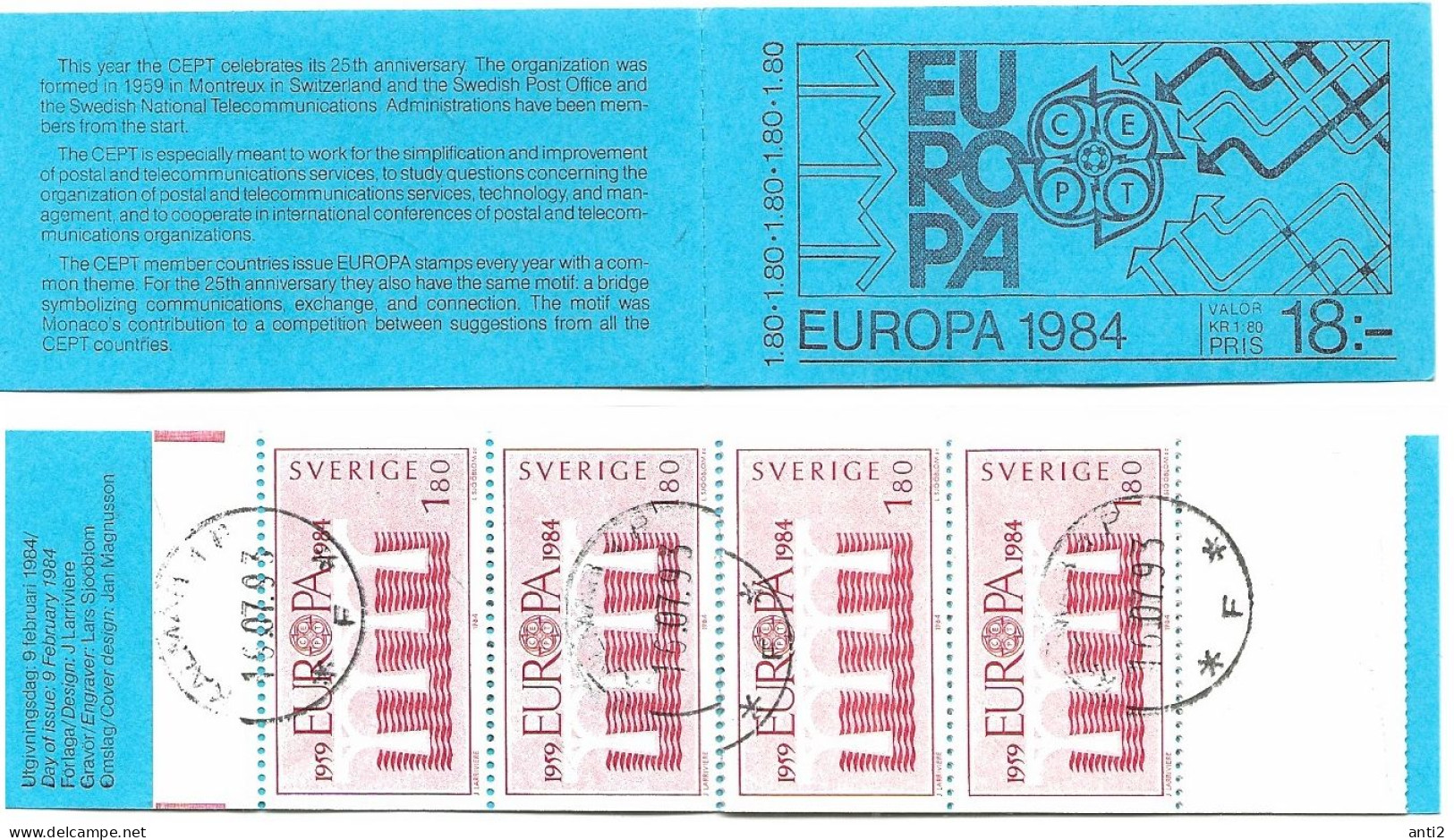 Sweden 1984 Europa., Mi 1270 X 10, In Booklet, Cancelled(o) - Gebruikt