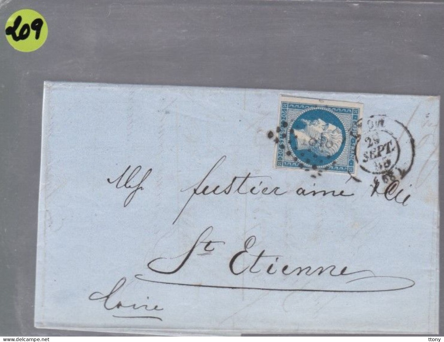 Un  Timbre  Napoléon III   N°  14   20 C Bleu  Sur Lettre Facture  Départ Lyon    1855  Destination  St - Etienne - 1849-1876: Periodo Classico