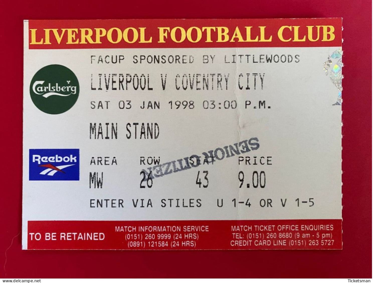 Football Ticket Billet Jegy Biglietto Eintrittskarte Liverpool FC - Coventry City 03/01/1998 - Eintrittskarten