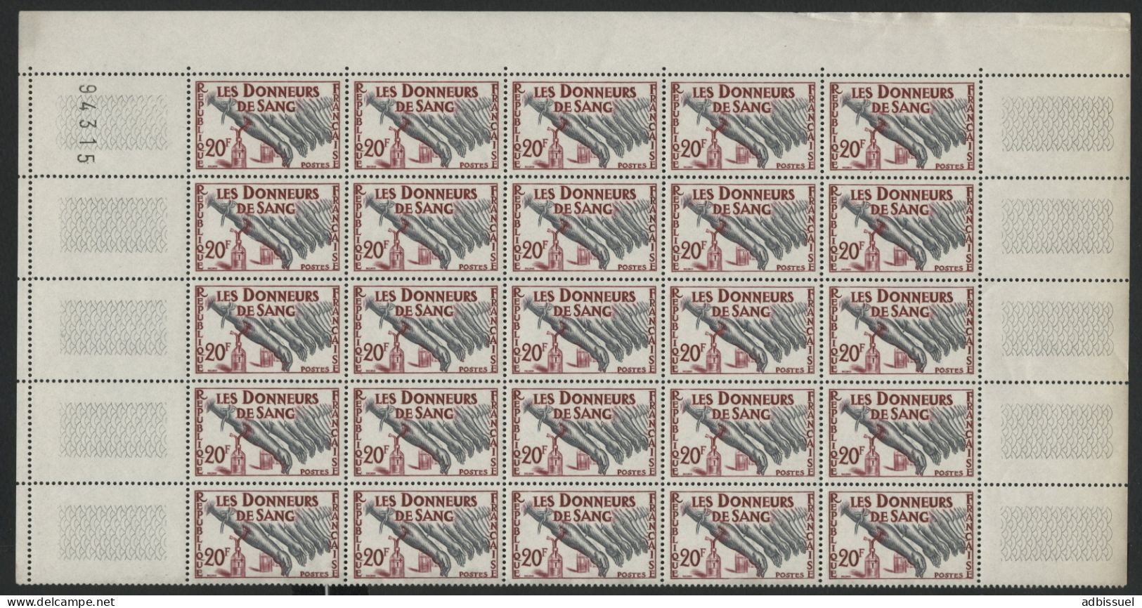 N° 1220 20 Fr DON Du SANG Panneau De 25 Ex Neufs ** (MNH) Cote 25 € - Full Sheets