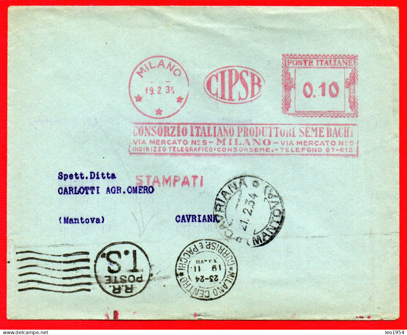1934 - CONSORZIO PRODUTTORI SEMI BACHI - AFFRANCATURE MECCANICHE ROSSE - EMA - METER - FREISTEMPEL - Frankeermachines (EMA)