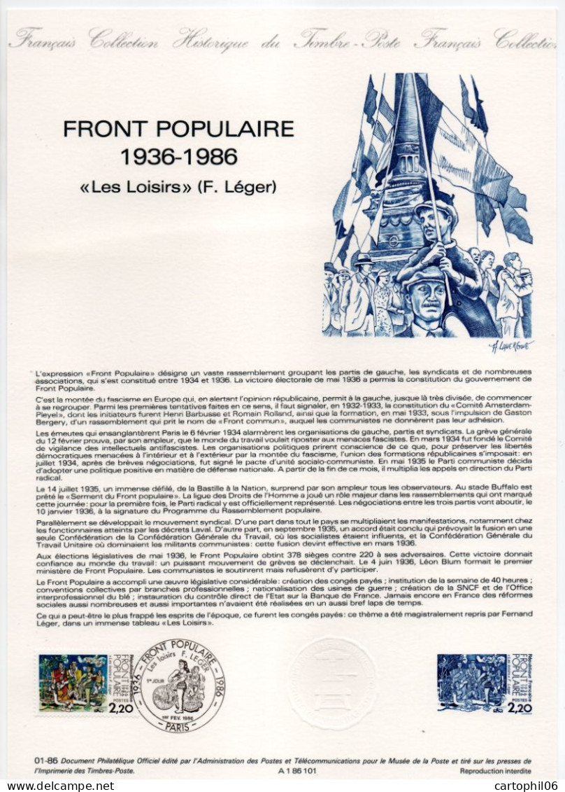 - Document Premier Jour LE FRONT POPULAIRE 1936-1986 - Les Loisirs (Fernand Léger) - - Documentos Del Correo