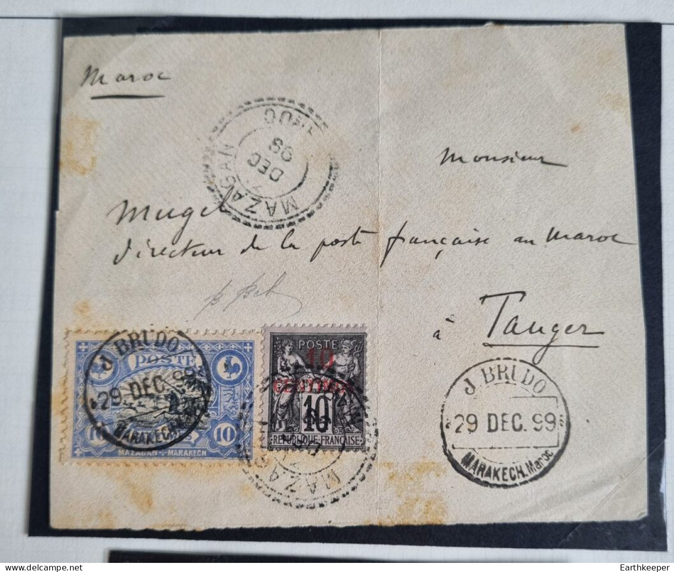 TIMBRE MAROC POSTE LOCALE 1899 SUR FRAGMENT N°63 + 10C BUREAU FRANCAIS MAZAGAN MARRAKECH - Lokalausgaben