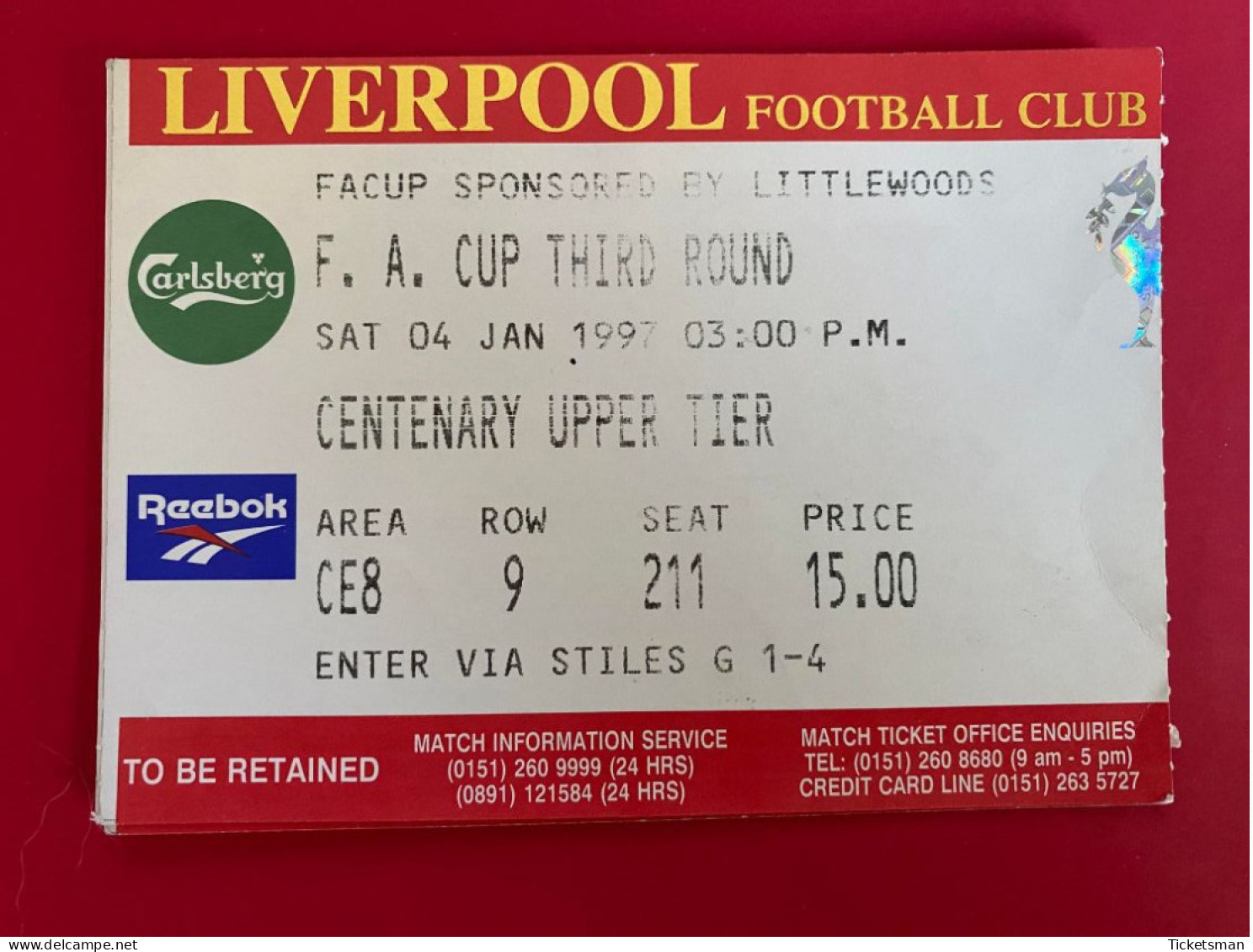 Football Ticket Billet Jegy Biglietto Eintrittskarte Liverpool FC - Burnley 04/01/1997 - Tickets - Vouchers