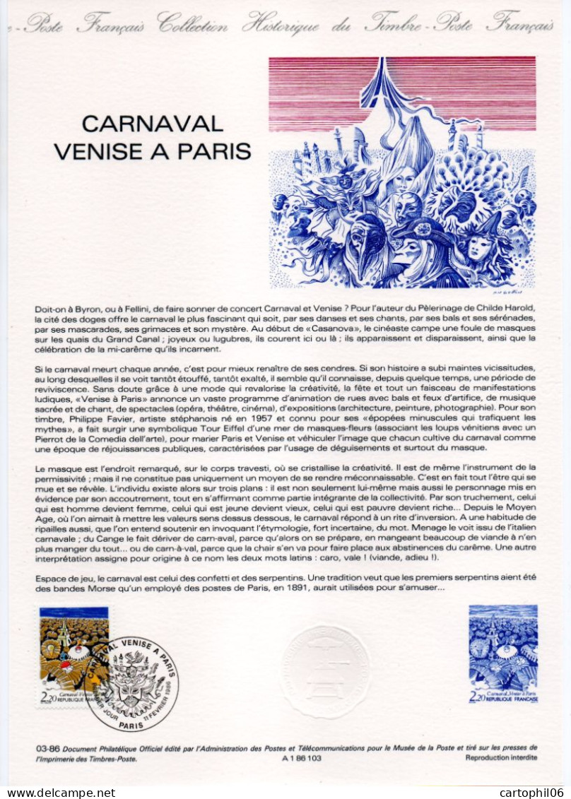 - Document Premier Jour LE CARNAVAL DE VENISE A PARIS 11.2.1986 - - Postdokumente