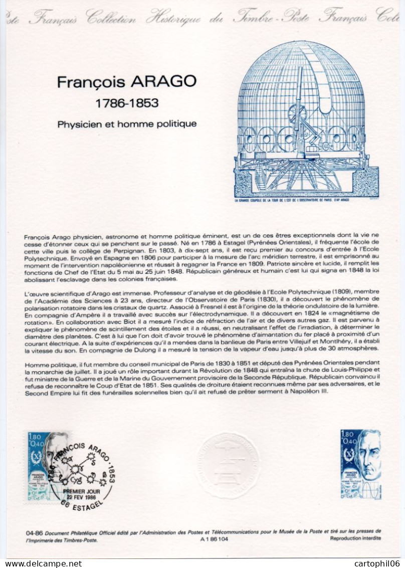 - Document Premier Jour FRANCOIS ARAGO (1786-1853) - ESTAGEL 22.2.1986 - - Fisica