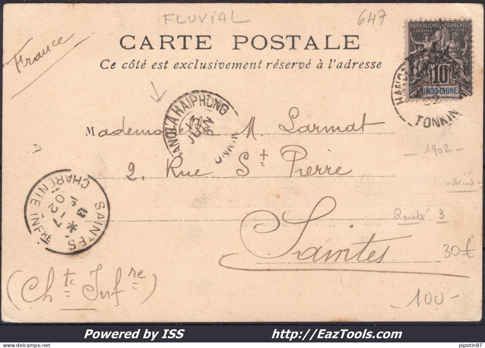 INDOCHINE N° 7 SUR CP AVEC CACHET HANOI A HAIPHONG TONKIN DU 13/06/1902 A VOIR - Storia Postale