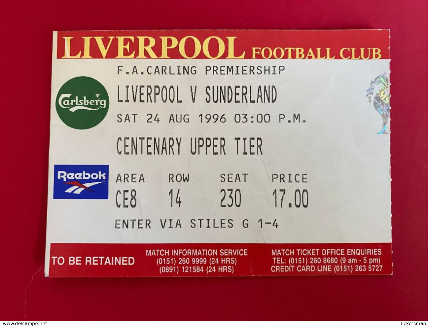 Football Ticket Billet Jegy Biglietto Eintrittskarte Liverpool FC - Sunderland FC 24/08/1996 - Toegangskaarten