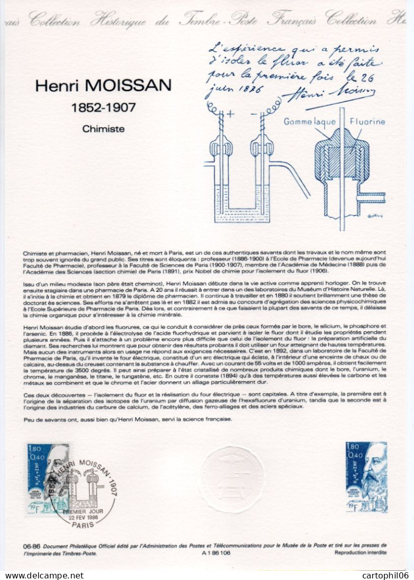 - Document Premier Jour HENRI MOISSAN (1852-1907) - PARIS 22.2.1986 - - Química