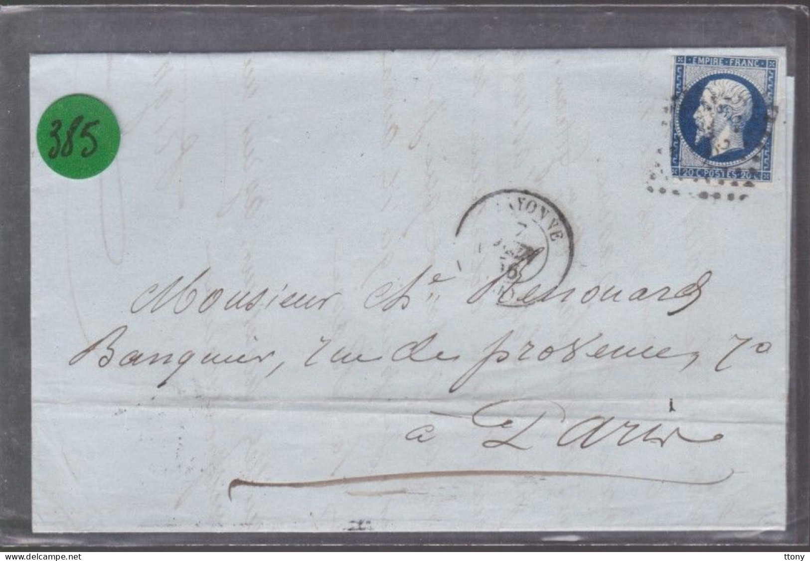 Un  Timbre  Napoléon III   N°  14   20 C Bleu  Foncé   Sur Lettre  Départ Bayonne    1856    Destination  Paris - 1849-1876: Classic Period