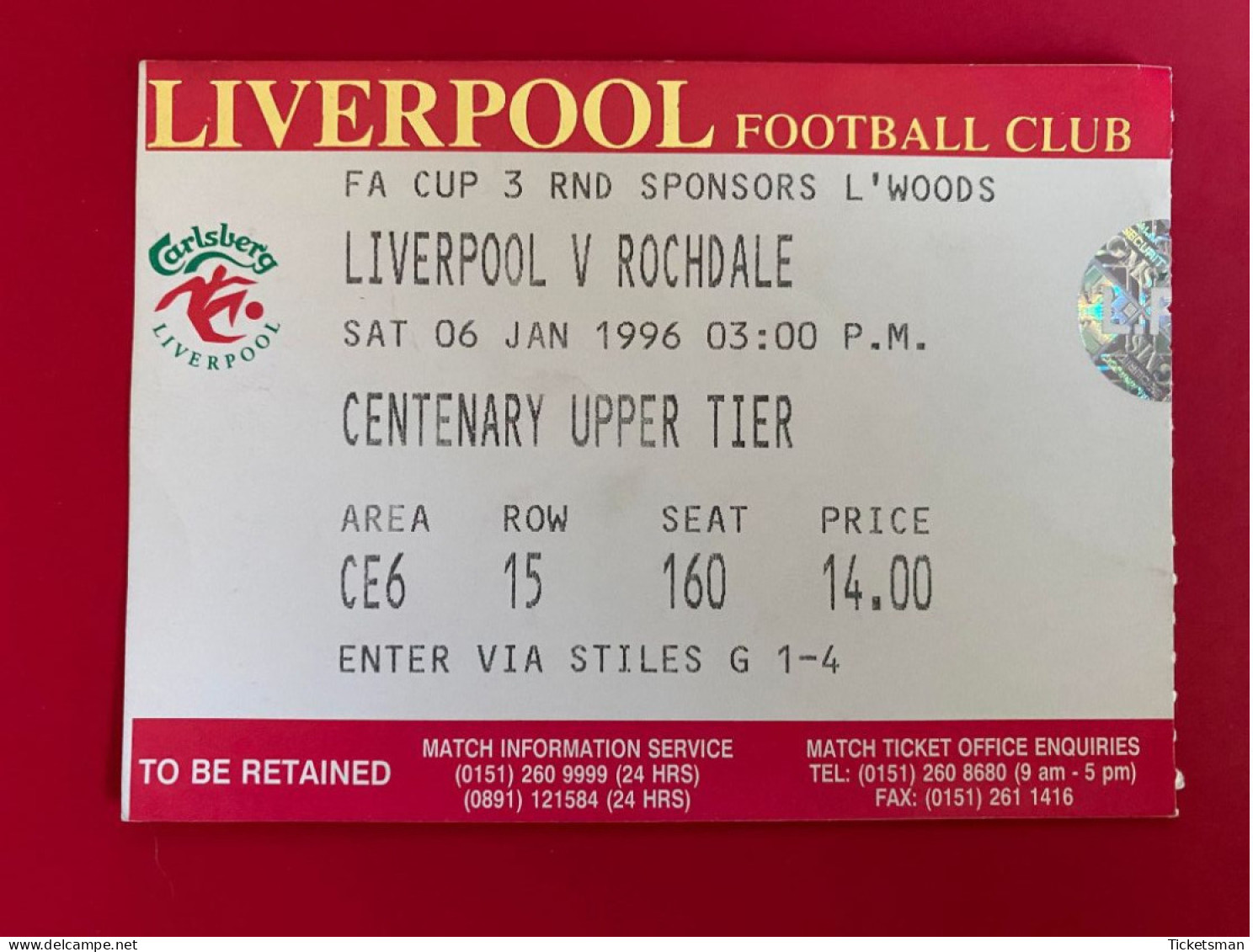 Football Ticket Billet Jegy Biglietto Eintrittskarte Liverpool FC - Rochdale 06/01/1996 - Tickets - Vouchers