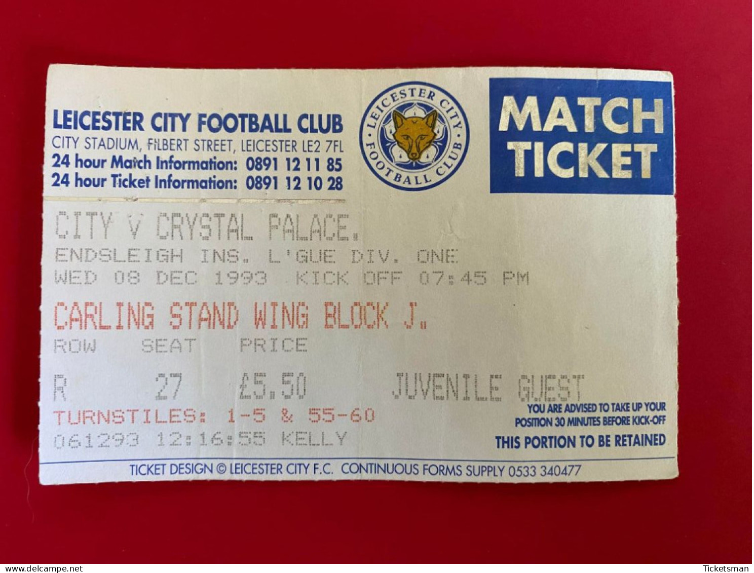 Football Ticket Billet Jegy Biglietto Eintrittskarte Leicester City - Crystal Palace 08/12/1993 - Tickets D'entrée