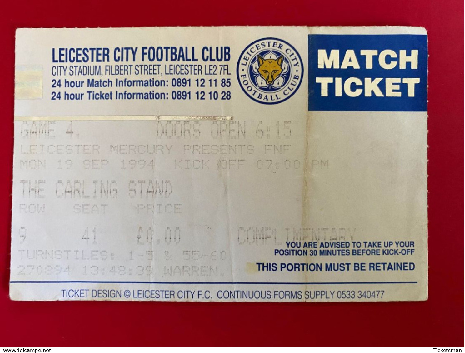 Football Ticket Billet Jegy Biglietto Eintrittskarte Leicester City - Game 4 19/09/1994 - Tickets - Entradas